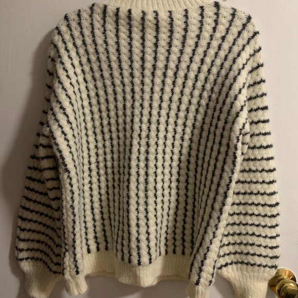 NWOT FRNCH - Stripe Button Cable Knit Turtleneck Sweater, oatmeal / M-L - Picture 6 of 7